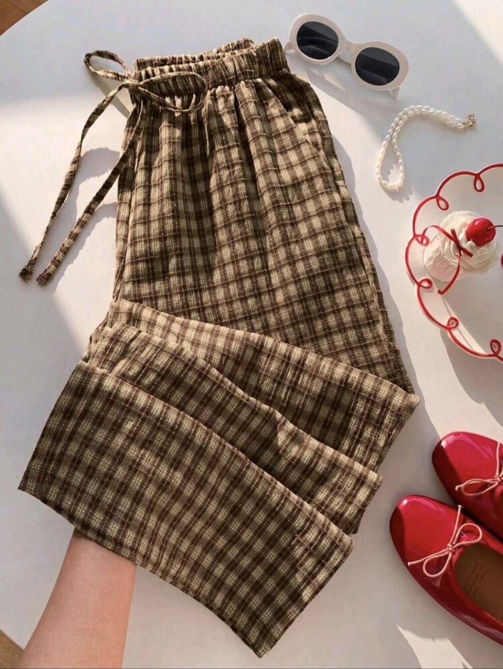 Women's Casual Vintage Plaid Drawstring Waist Pants, Autumn Checkered Trousers